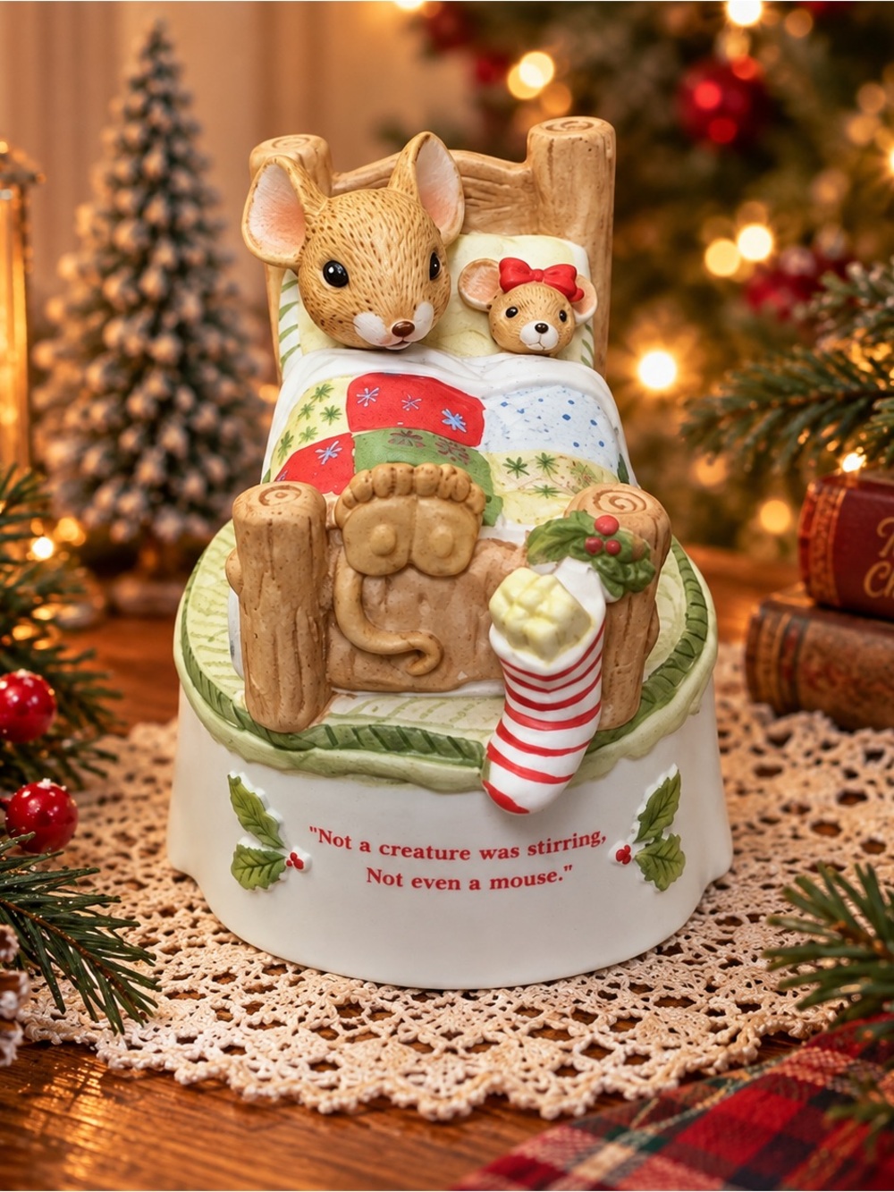 Enesco Country Calico Mice Musical White Christmas Figurine With Box